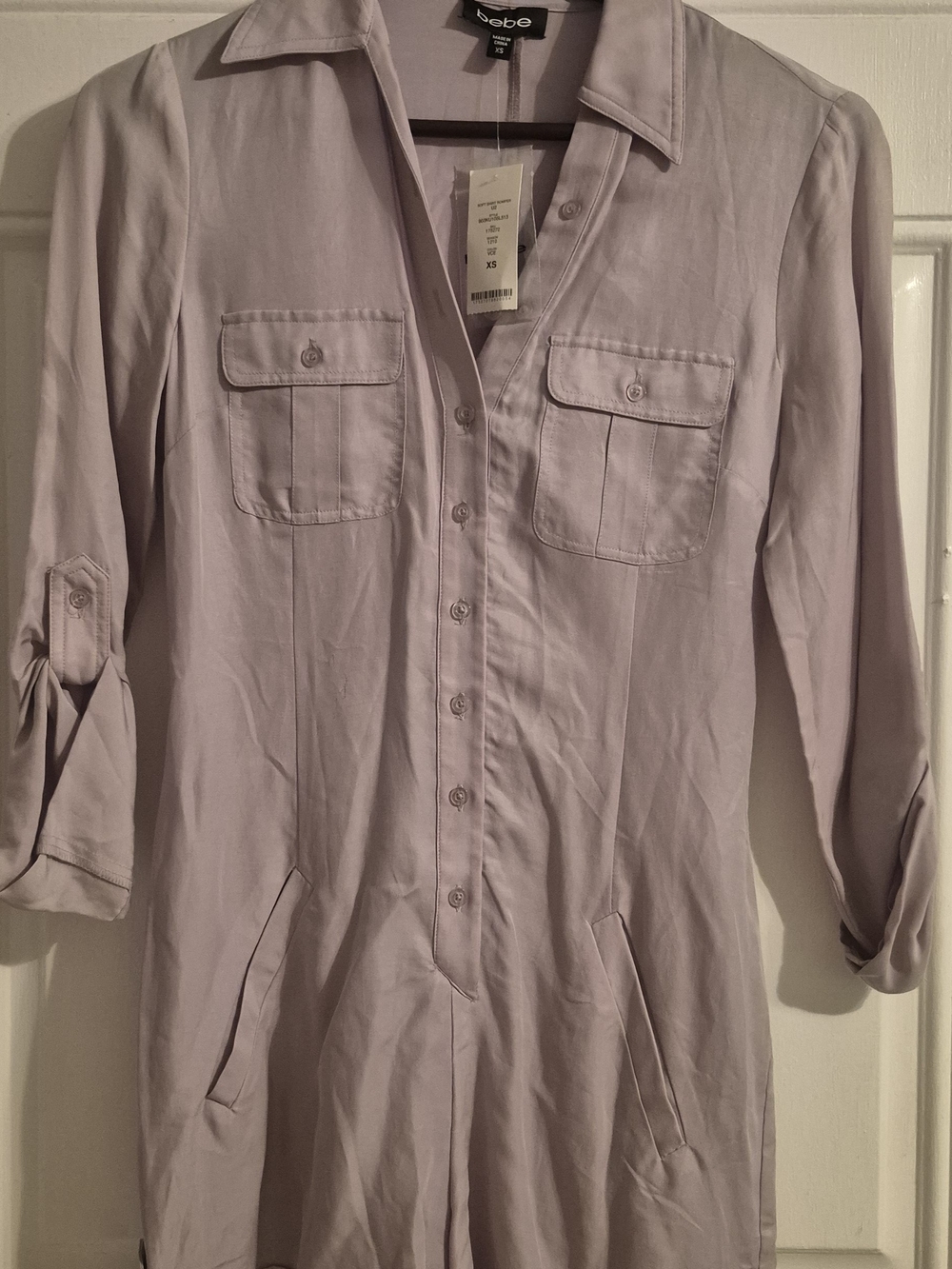 bebe light lavender button-down Romper